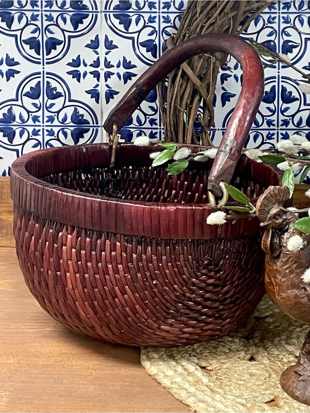Vintage Chinese Lacquered Woven Harvest Basket Wooden Handle Asian Rustic Decor